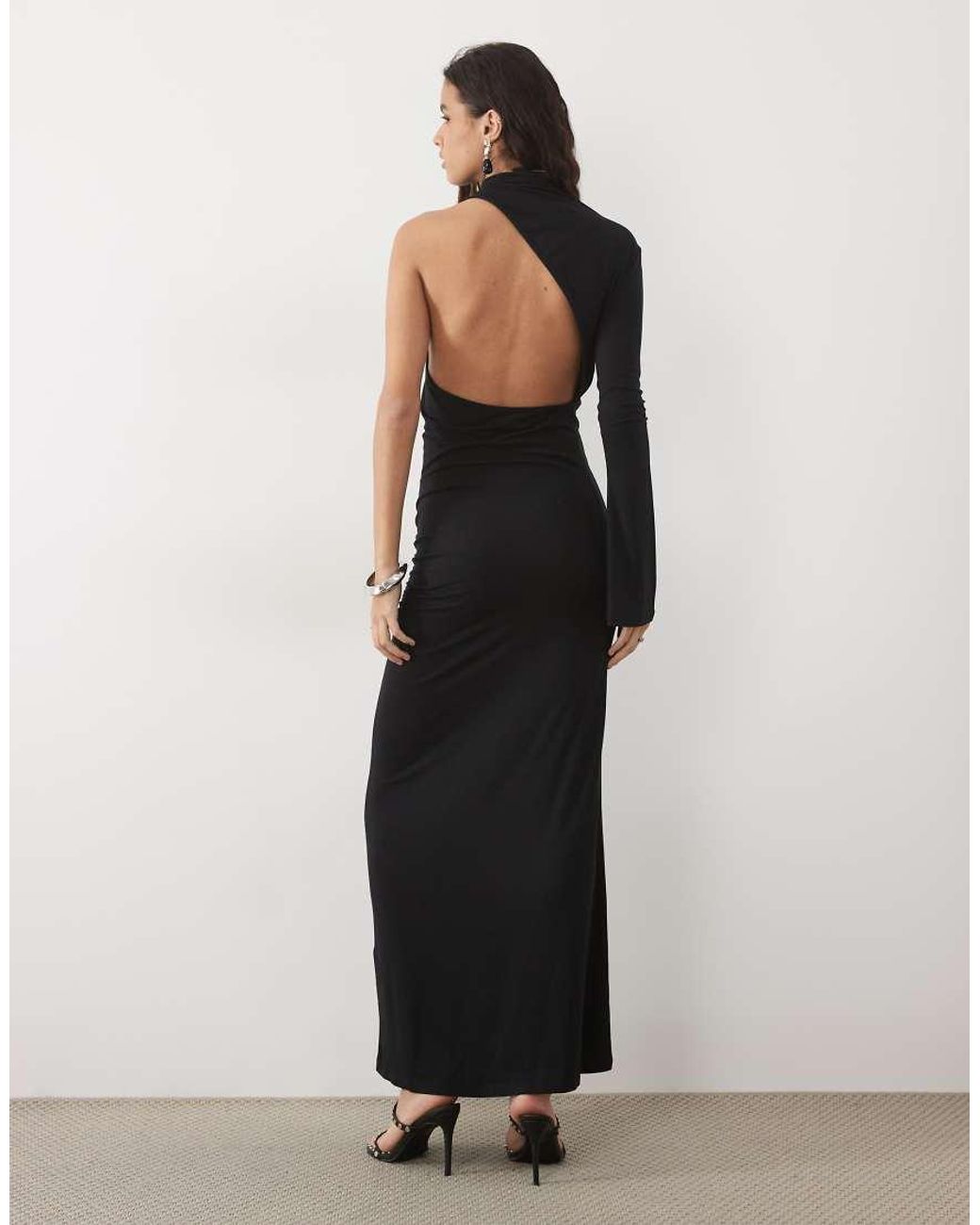 ASOS Black High Neck Asymmetric One Sleeve Maxi Dress With Slash Cutout Back