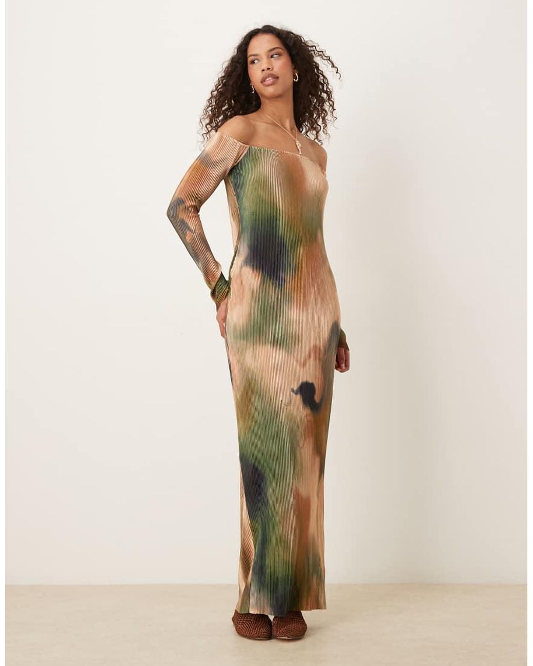 ASOS Natural Plisse Bardot Long Sleeve Maxi