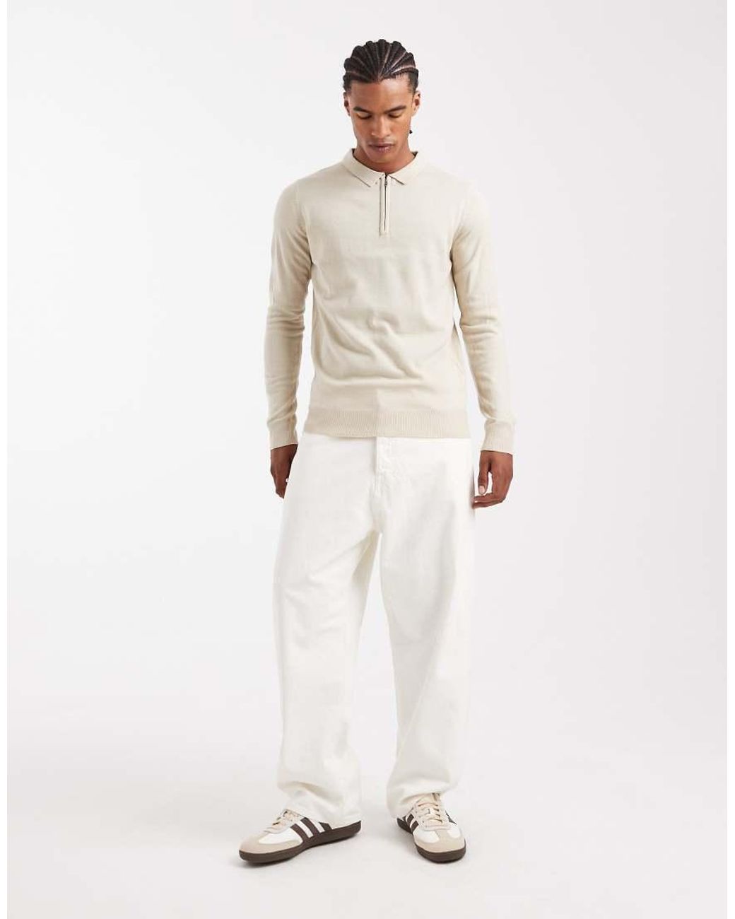 Brave Soul Natural Knitted Ribbed Quarter Zip Jumper for men