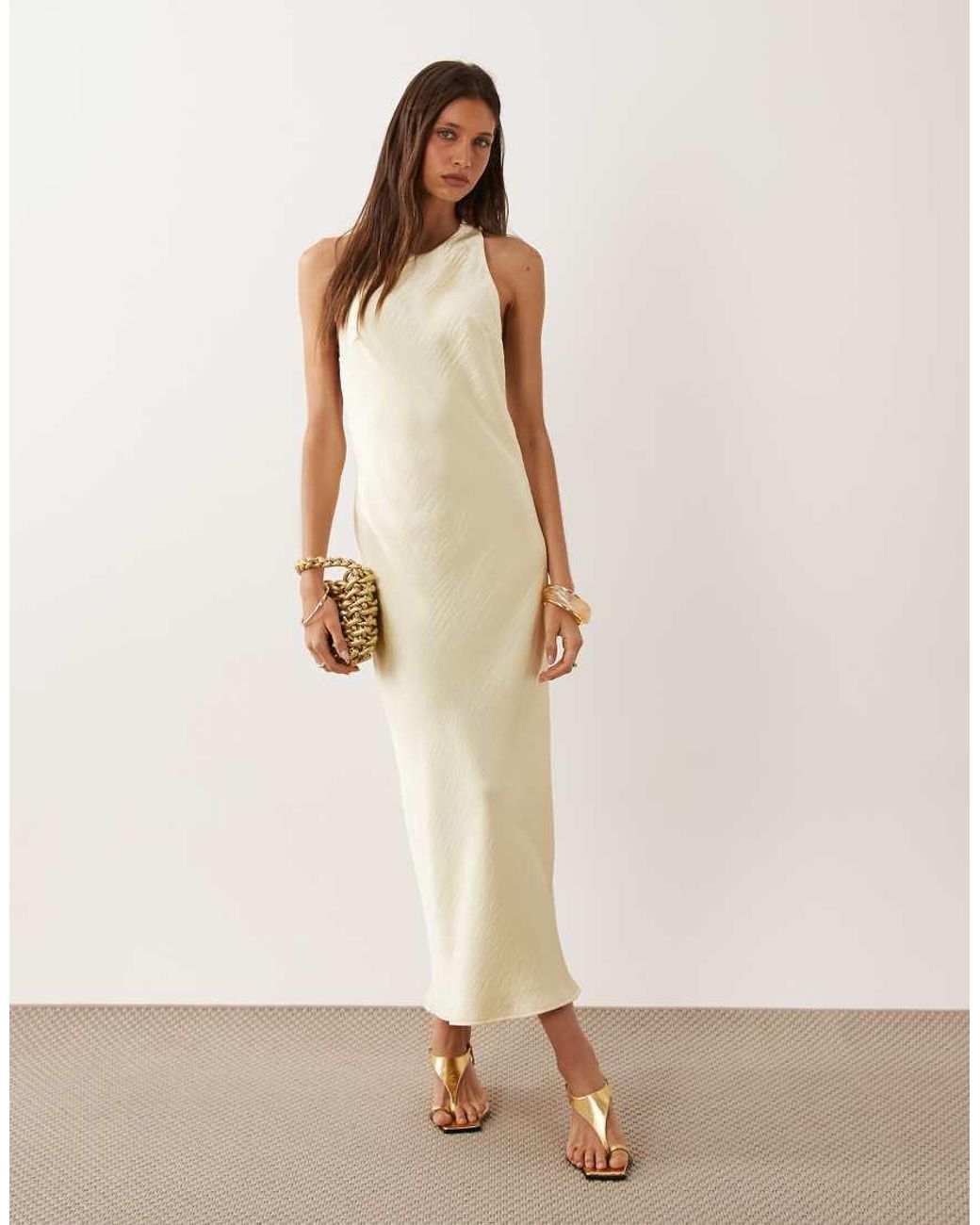 Mango Natural Satin Maxi Dress With Twist Back Detail