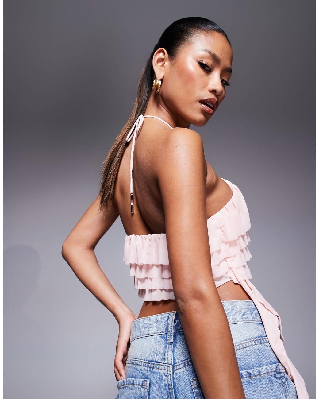 AFRM Blue Halter Neck Ruffle Top