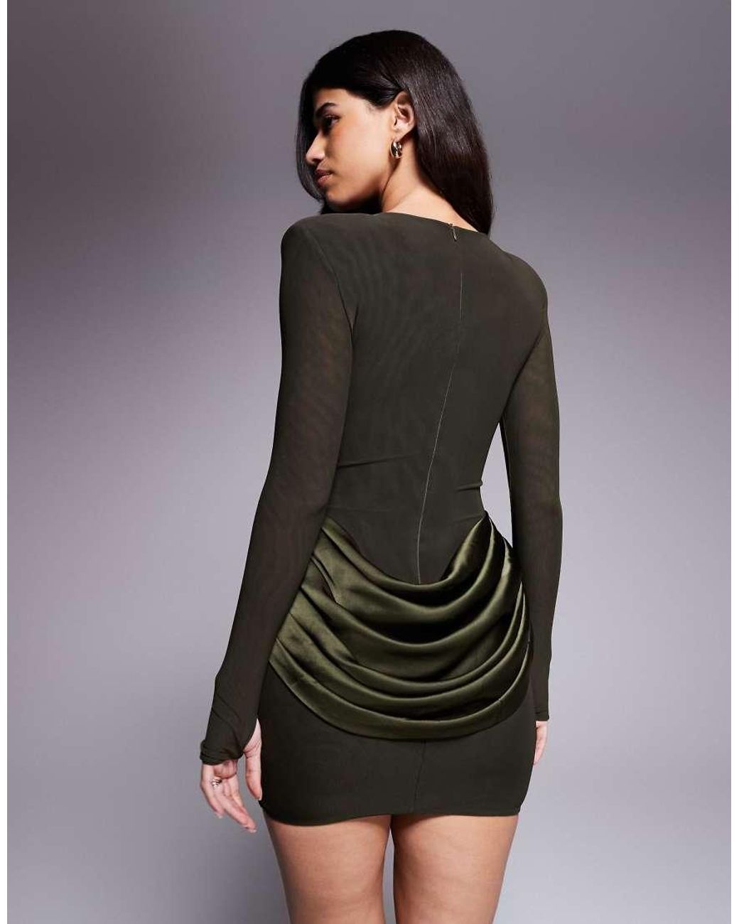 Wanderdoll Black Storm Sculpting Shoulder Pad Detailing Satin Drape Waist Mini Dress