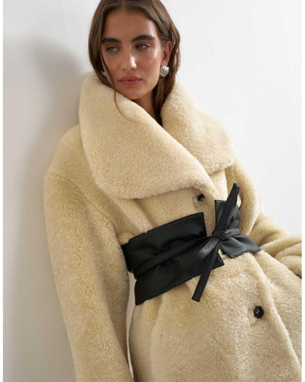 TOPSHOP Natural Borg Coat With Faux Leather Belt