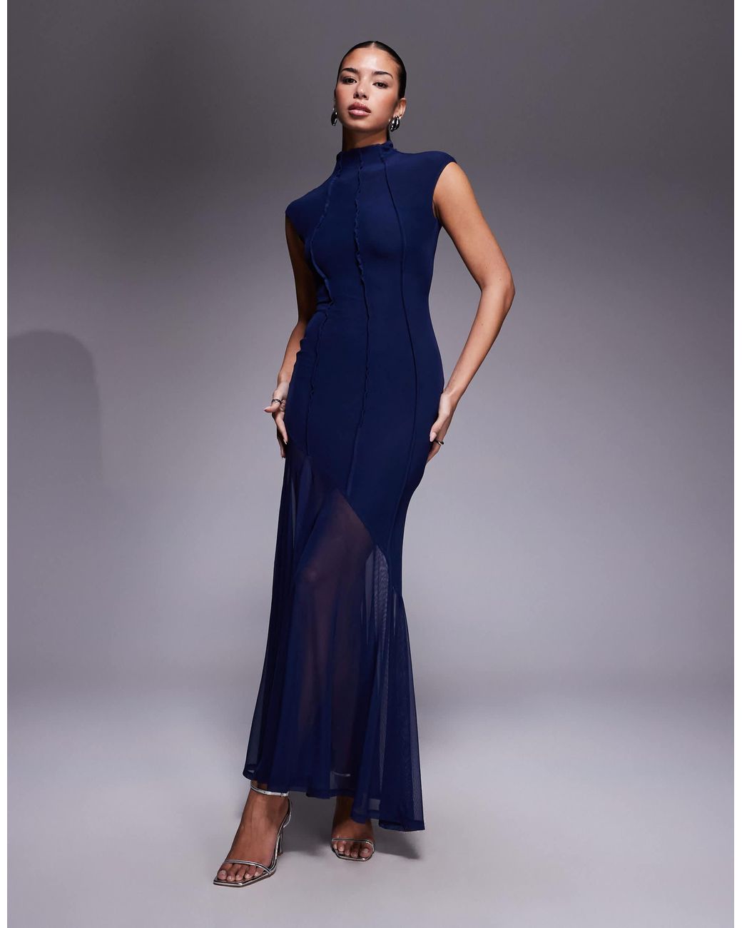 ASOS Mesh High Neck Maxi Dress With Exposed Contour Seam Detail in Blue ...