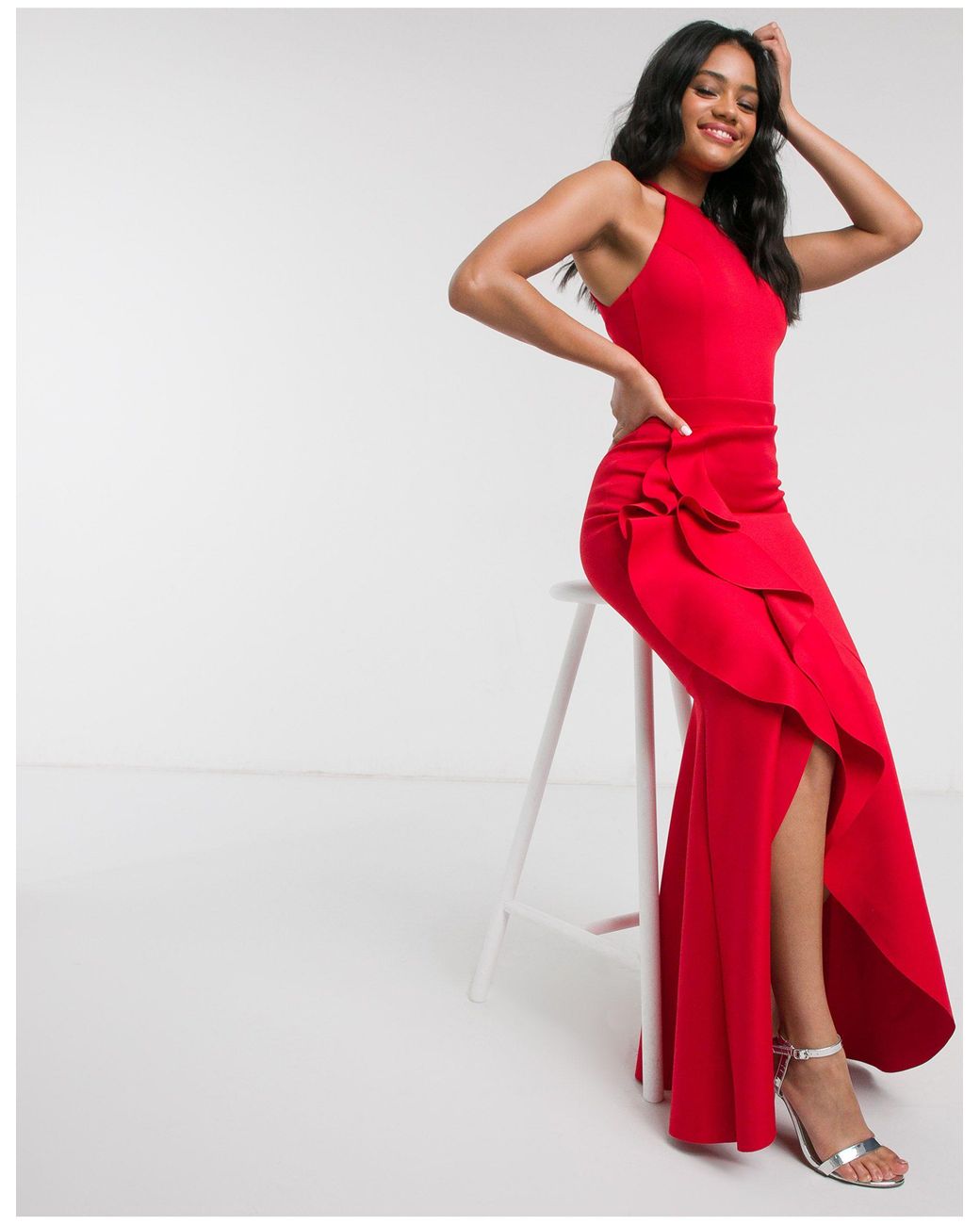 Lipsy X Abbey Clancy Halterneck Ruffle Maxi Dress in Red | Lyst Australia