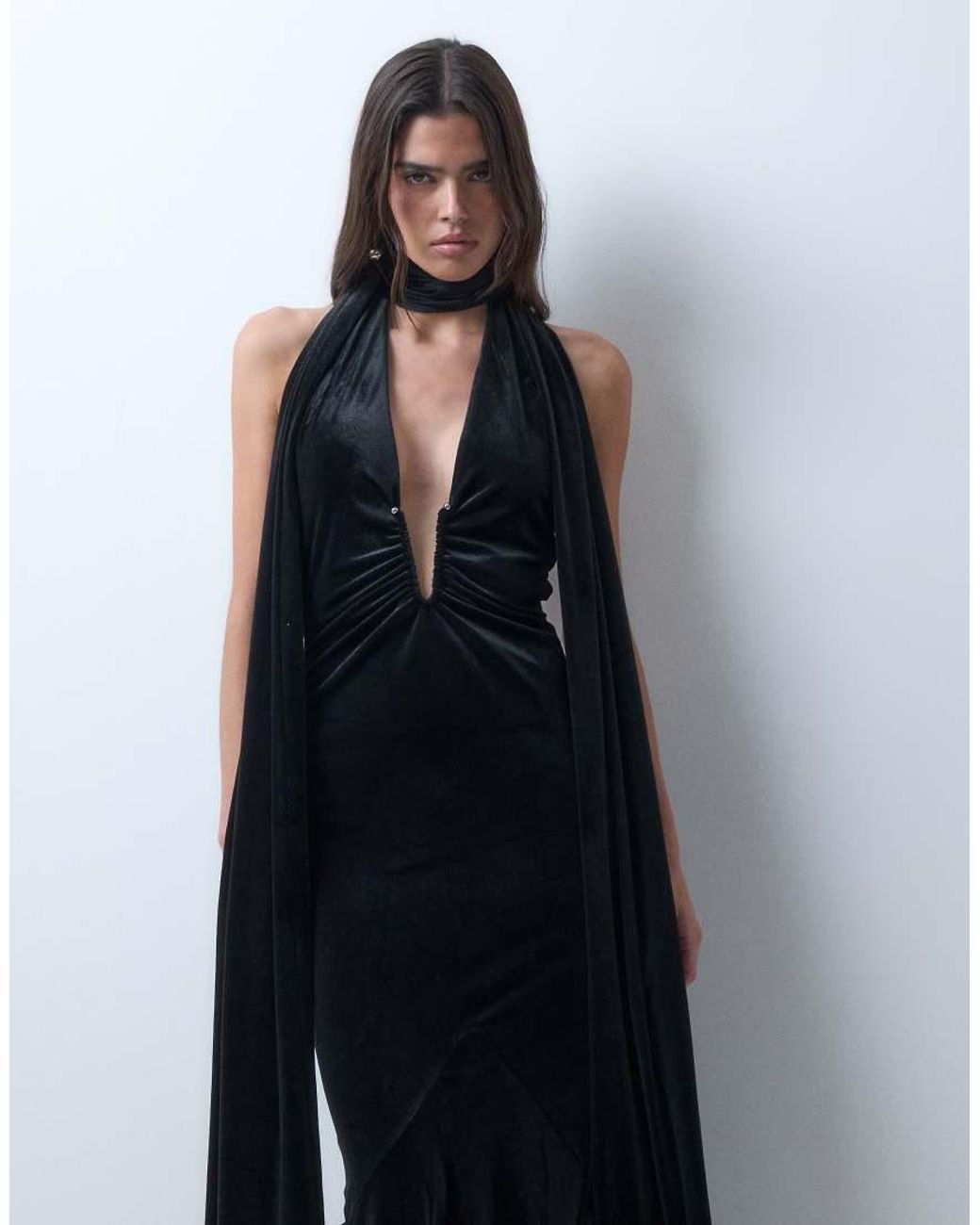 ASOS Blue Plunge Neckline Maxi Dress With Fringe Detail Scarf
