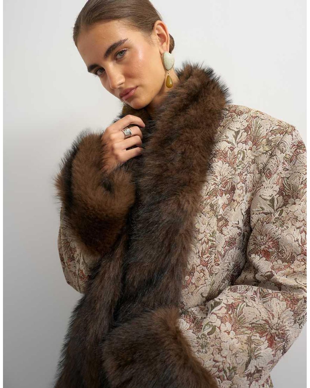 TOPSHOP Blue Jacquard Jacket With Faux Fur Trim