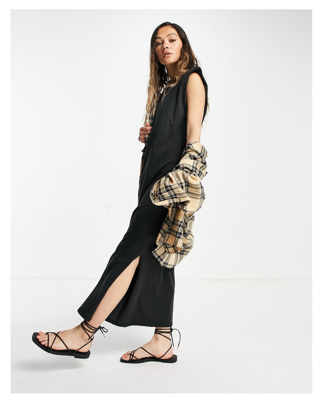 ONLY Cotton Jersey Midi Dress With Shoulder Pads And Side Splits