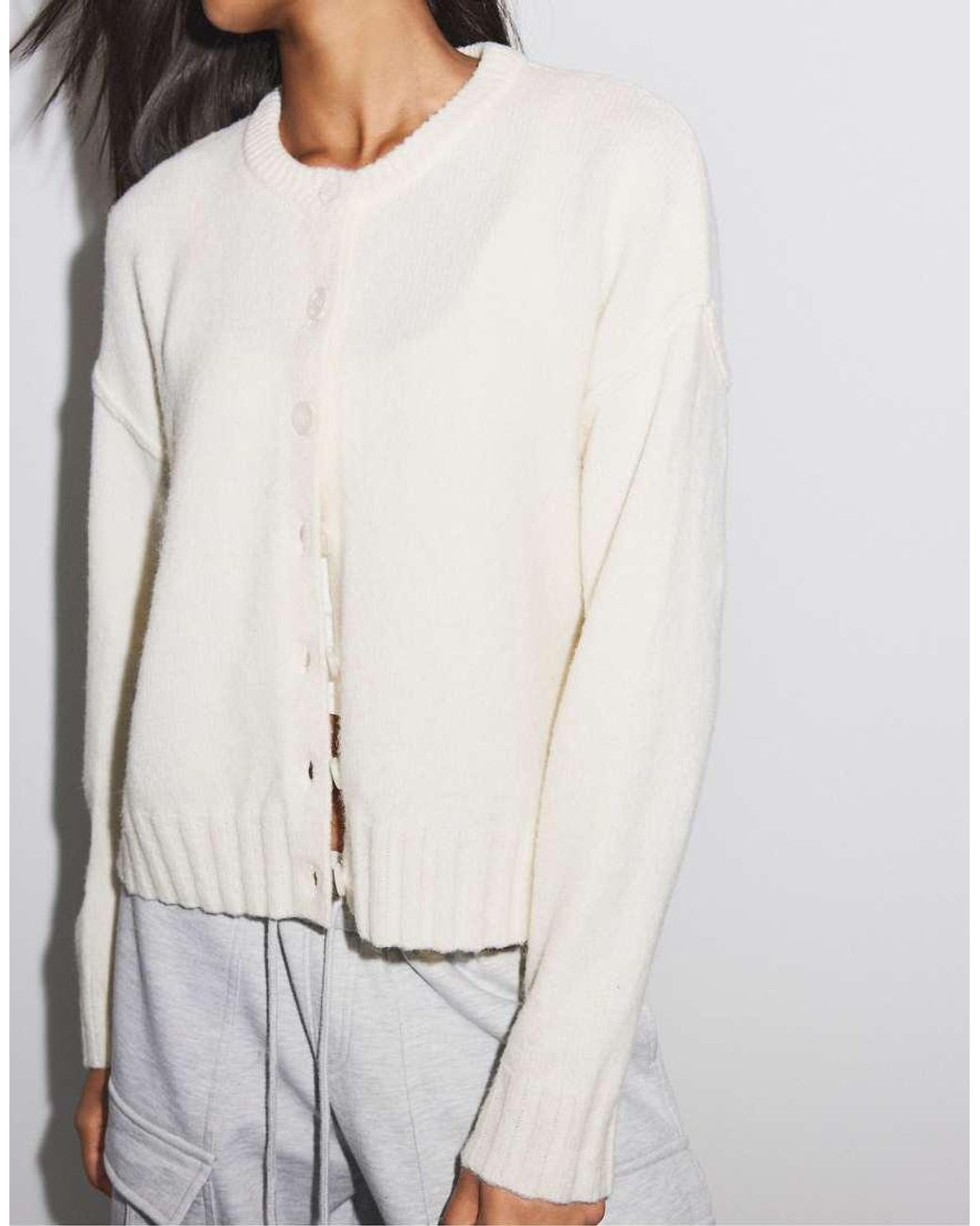 Stradivarius White Button-Up Knit Cardigan