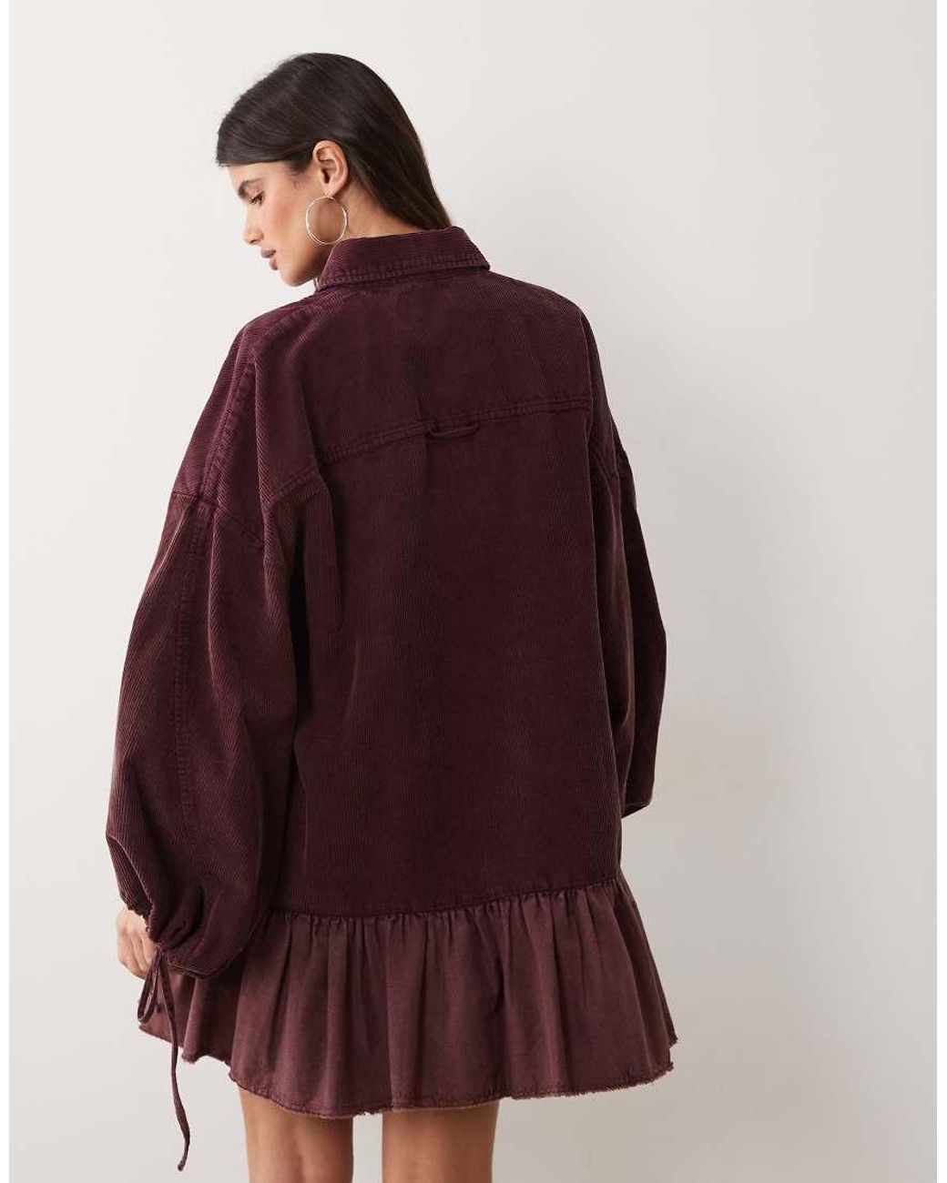 ASOS Red Hybrid Cord Shirt Mini Dress With Balloon Sleeve And Voile Hem