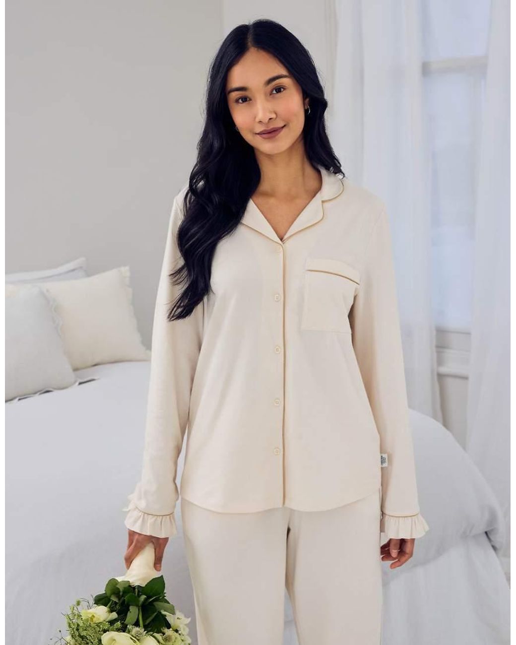 Chelsea Peers Natural Bridal 'Just Married' Revere Nightwer Set With Ruffle Hem And Cuff