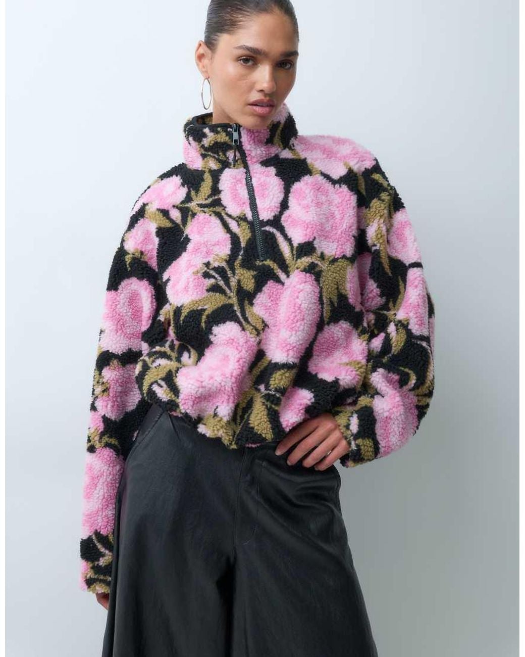 ASOS Multicolor Half Zip Bubble Hem Borg Fleece