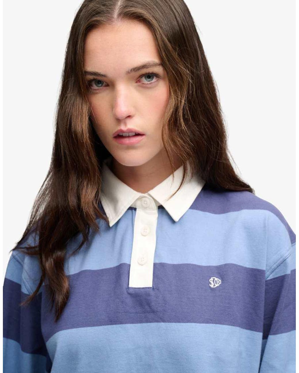 Superdry Blue Athletic Essential Cropped Stripe Rugby Top