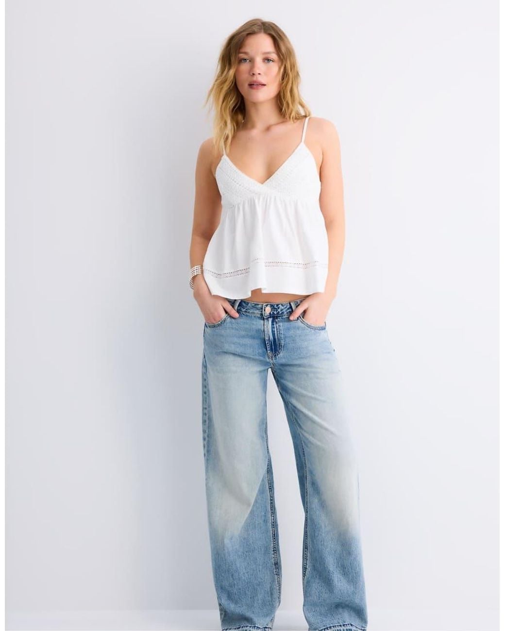 Stradivarius White Crochet Strappy Top