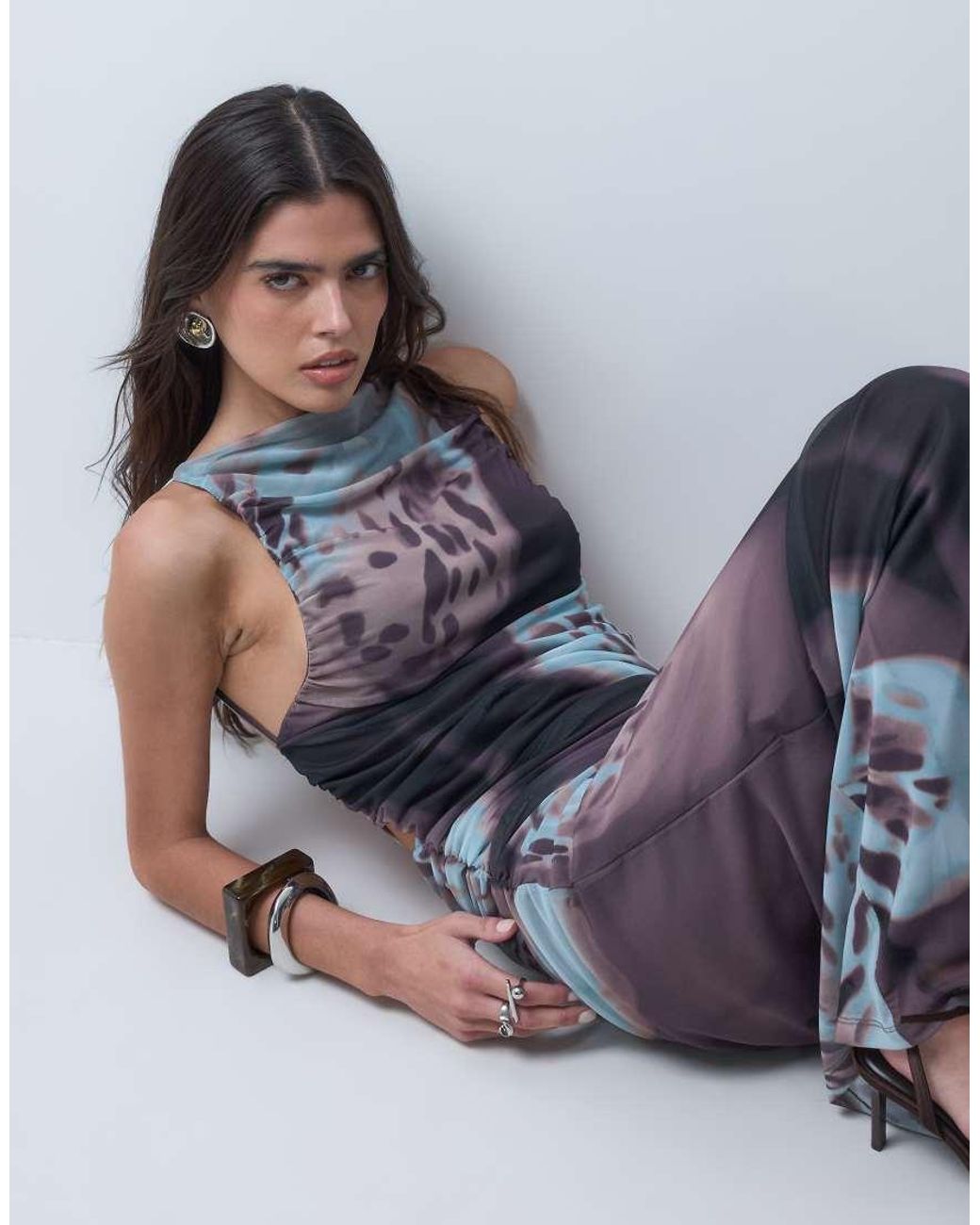 ASOS Blue Printed Mesh Slash Neck Gathered Detail Maxi Dress