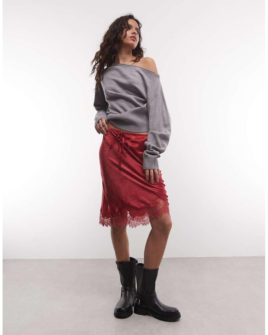 Reclaimed Vintage Red Awkward Length Satin Jacquard Midi Skirt With Lace Trim