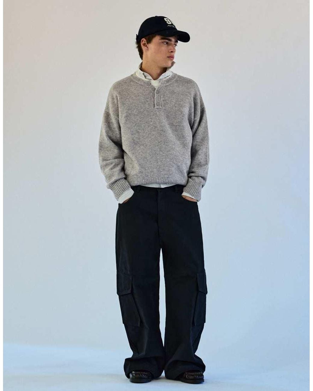Bershka Gray Contrast Knit Henley Jumper for men