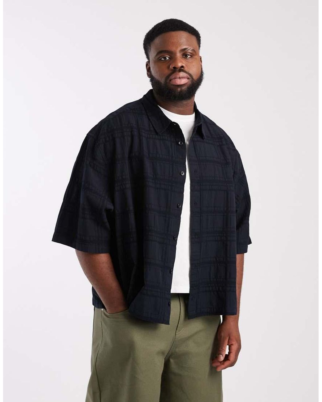 ASOS Blue Boxy Oversized Shirt With Textured Check for men