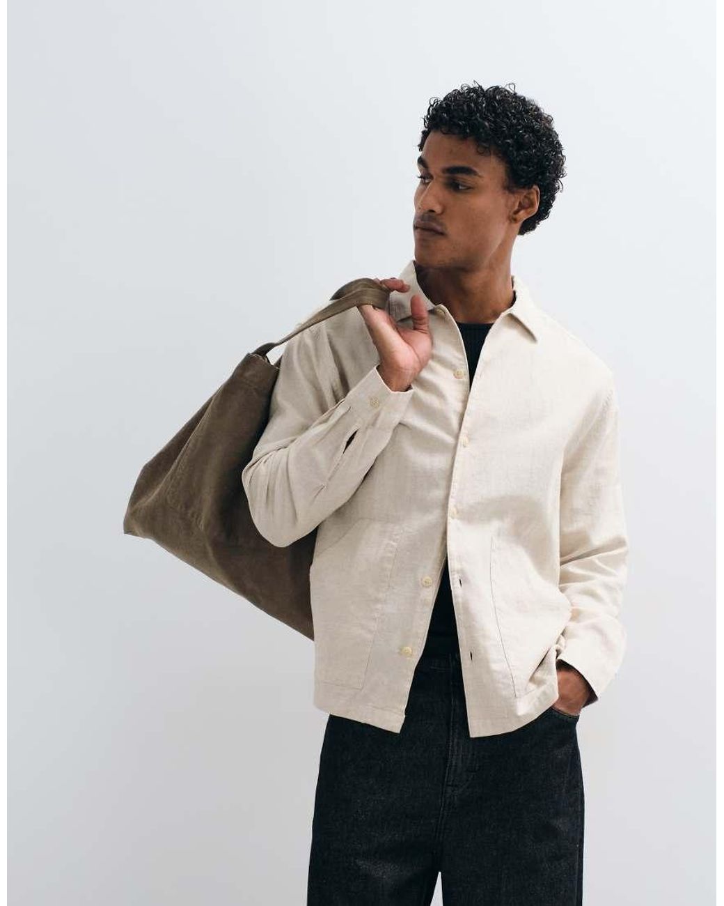 ASOS Natural Relaxed Linen Blend Shirt With Double Pockets for men