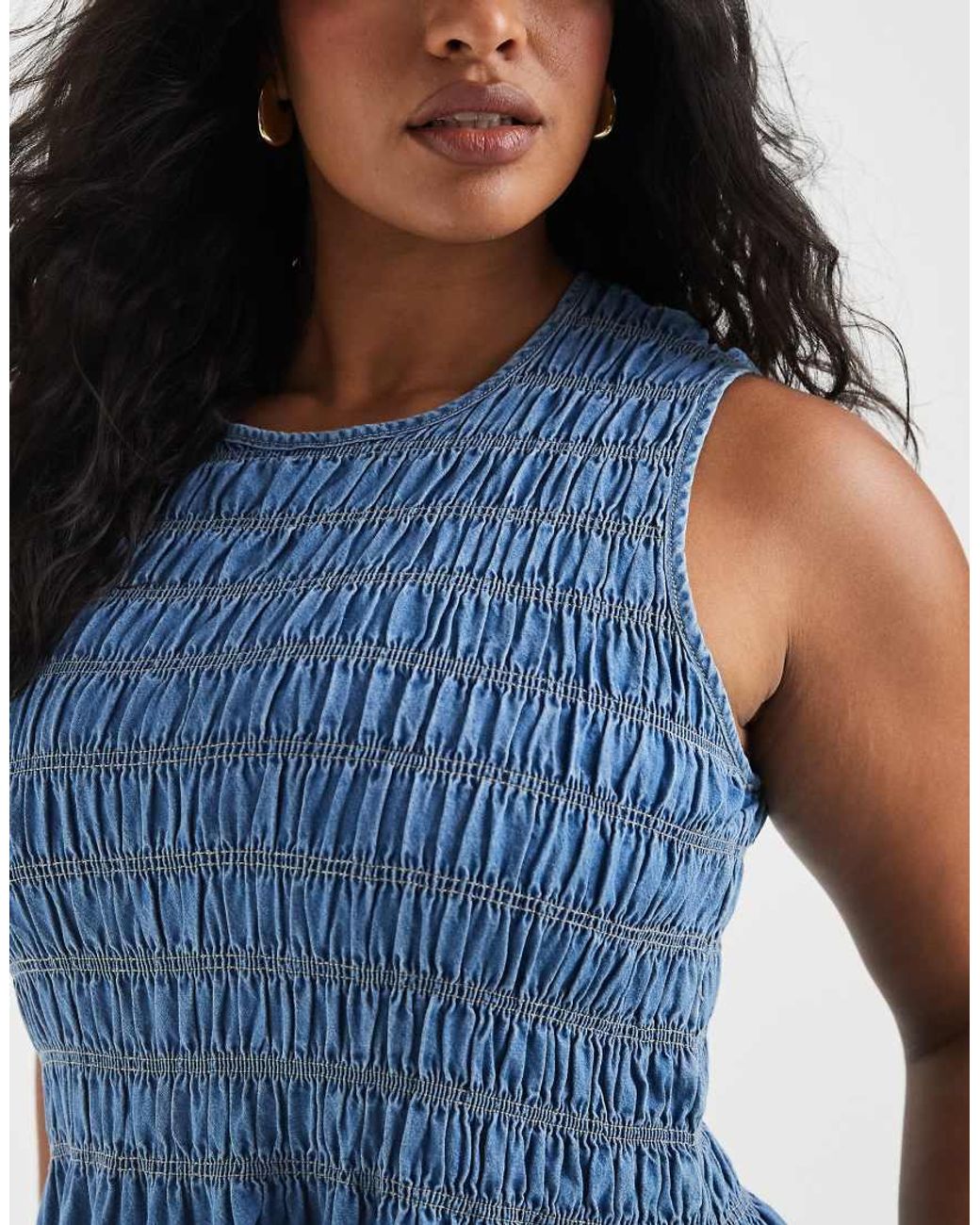 Vero Moda Blue Sleeveless Shirred Denim Midi Dress