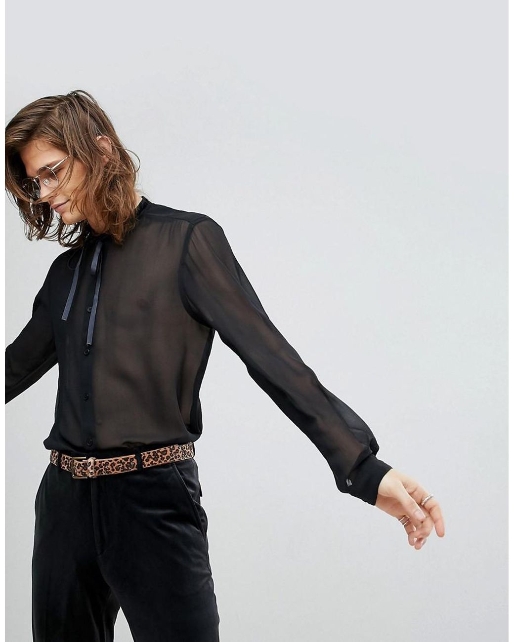 ASOS Regular Fit Sheer Shirt With Velvet Pussy Bow in Black for Men | Lyst  UK