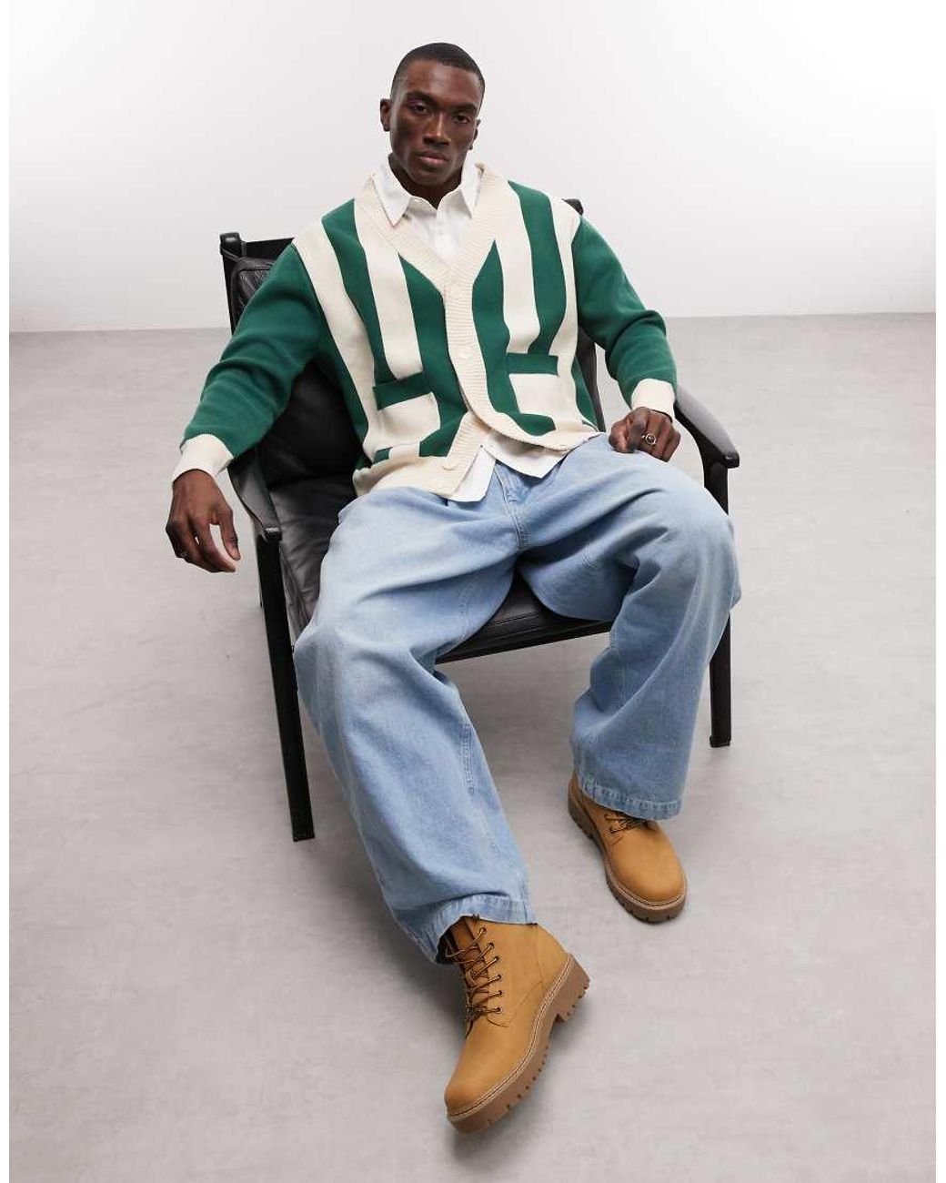 BLKVIS Green Stripe Button Up Cardigan With Back Graphic for men