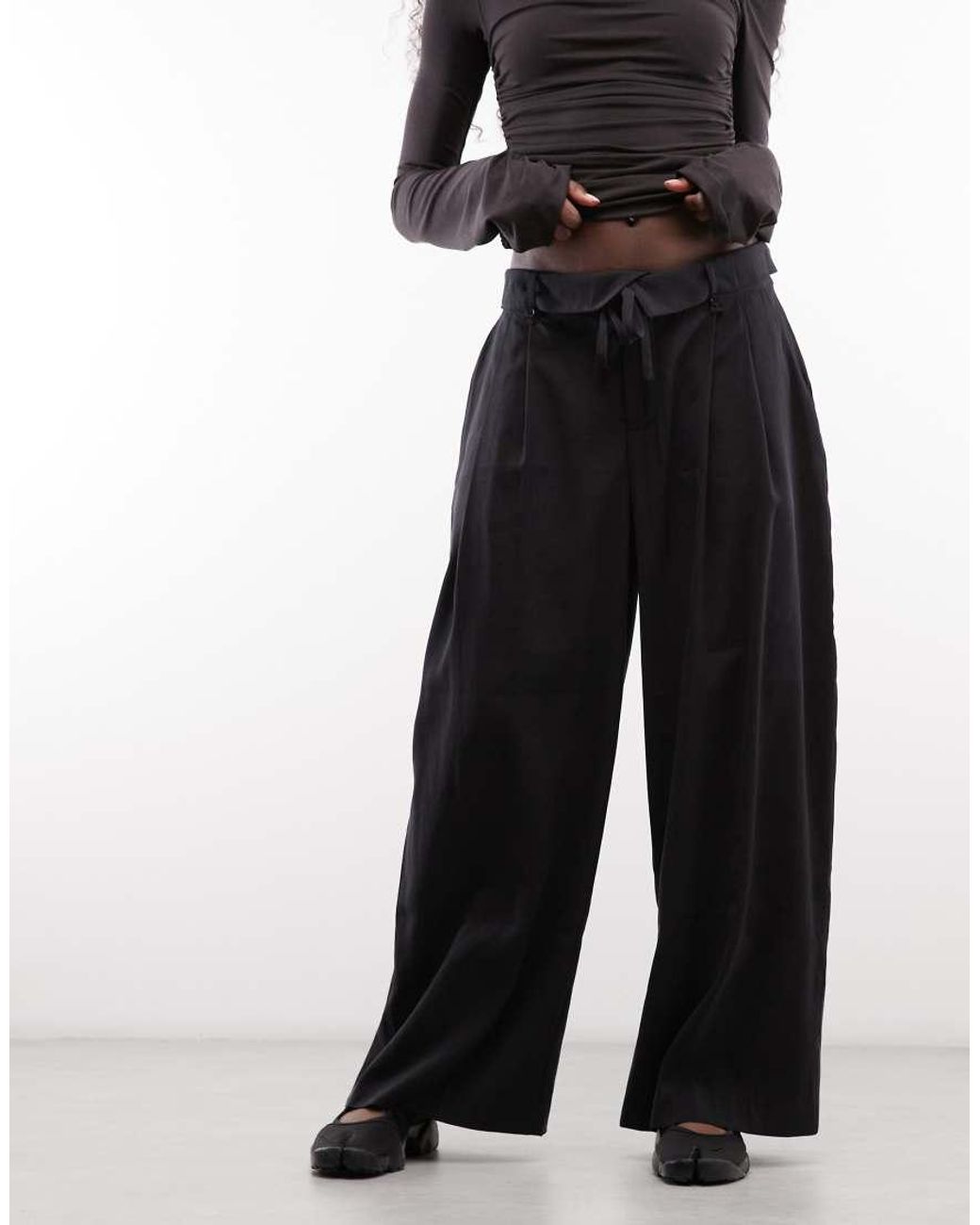 Monki Black Asymmetric Pleated Tailored Trousers