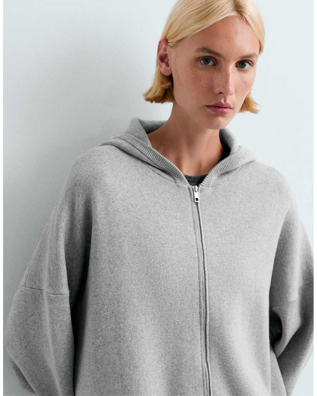 Oysho Gray Long Knit Hooded Jacket