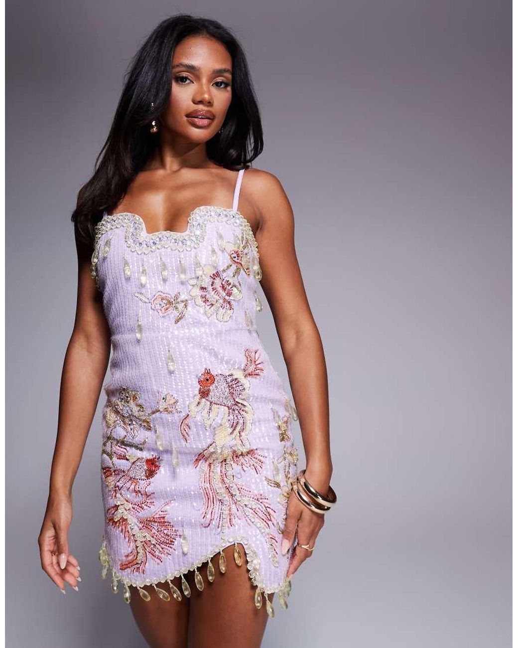 ASOS Purple Embellished Aquatic Mini Dress With Drop Beads