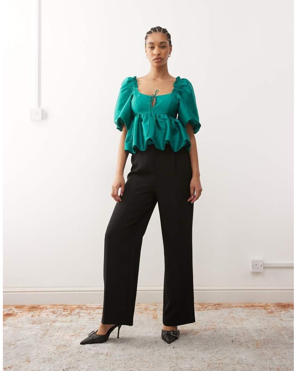 Reclaimed Vintage Green Limited Edition Bubble Hem Top With exaggerated Sleeves