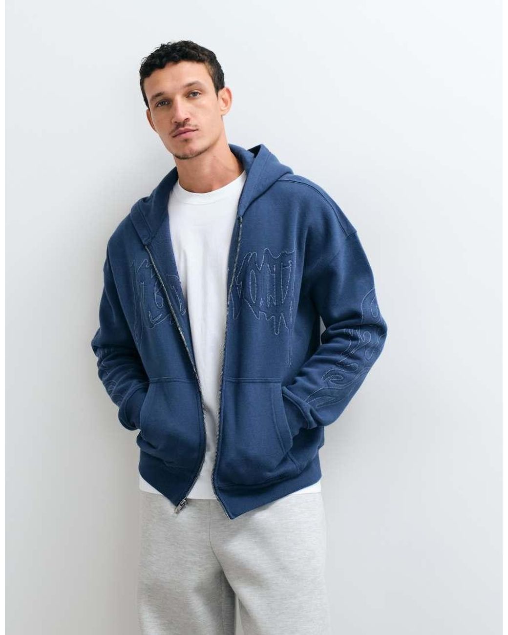 Hollister Blue Logo Boxy Fit Hoodie With Sleeve Detail for men