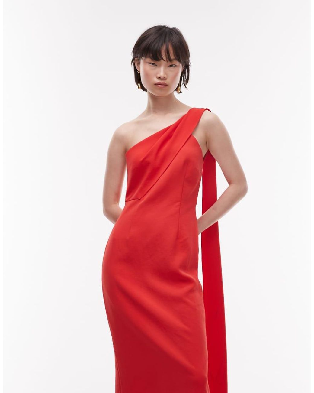 Mango Red One Sholder Draped Dress