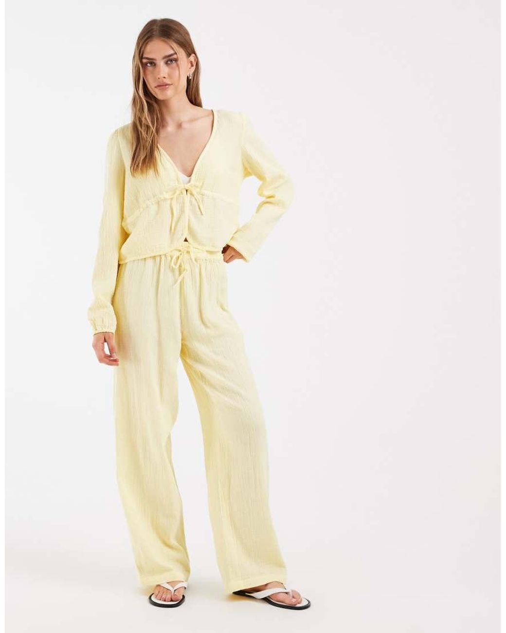 Pieces Natural Crinkled Cotton Tie Front Long Sleeve Top