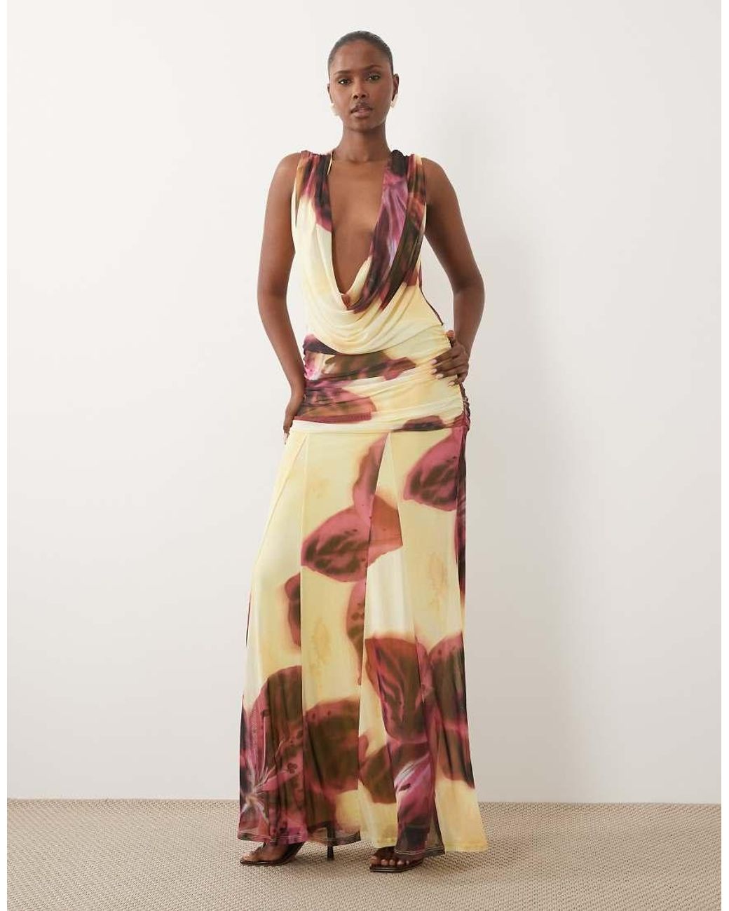 ASOS Multicolor Printed Mesh Deep Plunge Mesh Maxi Dress Over Sized Floral