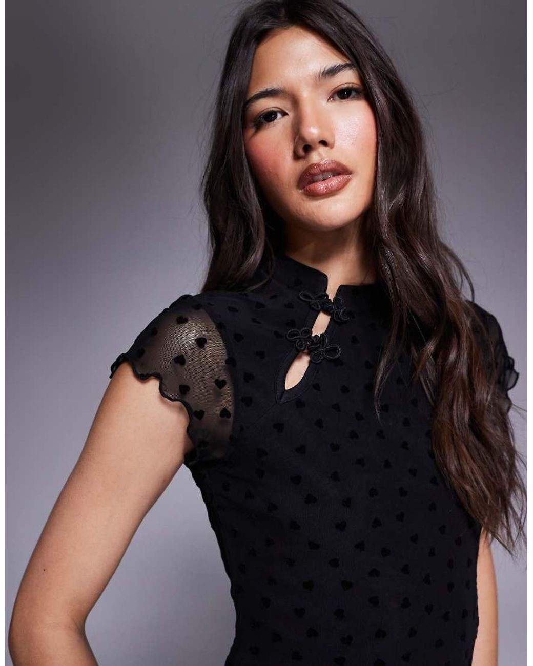 ASOS Black Cap Sleeve Heart Flock Top