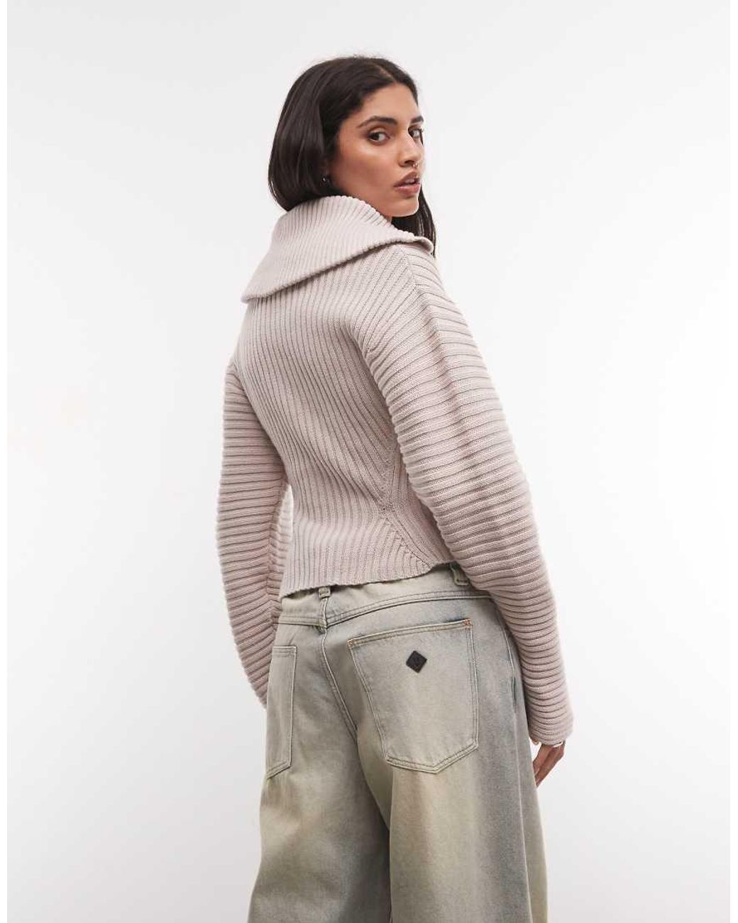 Monki Natural Cinched Knitted Collar Cardigan