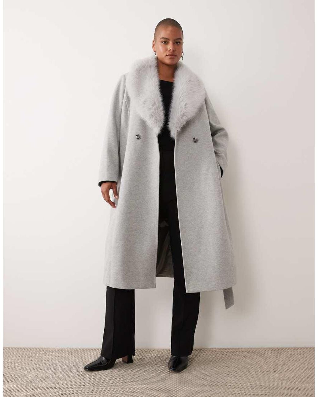Forever New Gray Wool Feel Formal Belted Longline Detachable Faux Fur Collar Coat