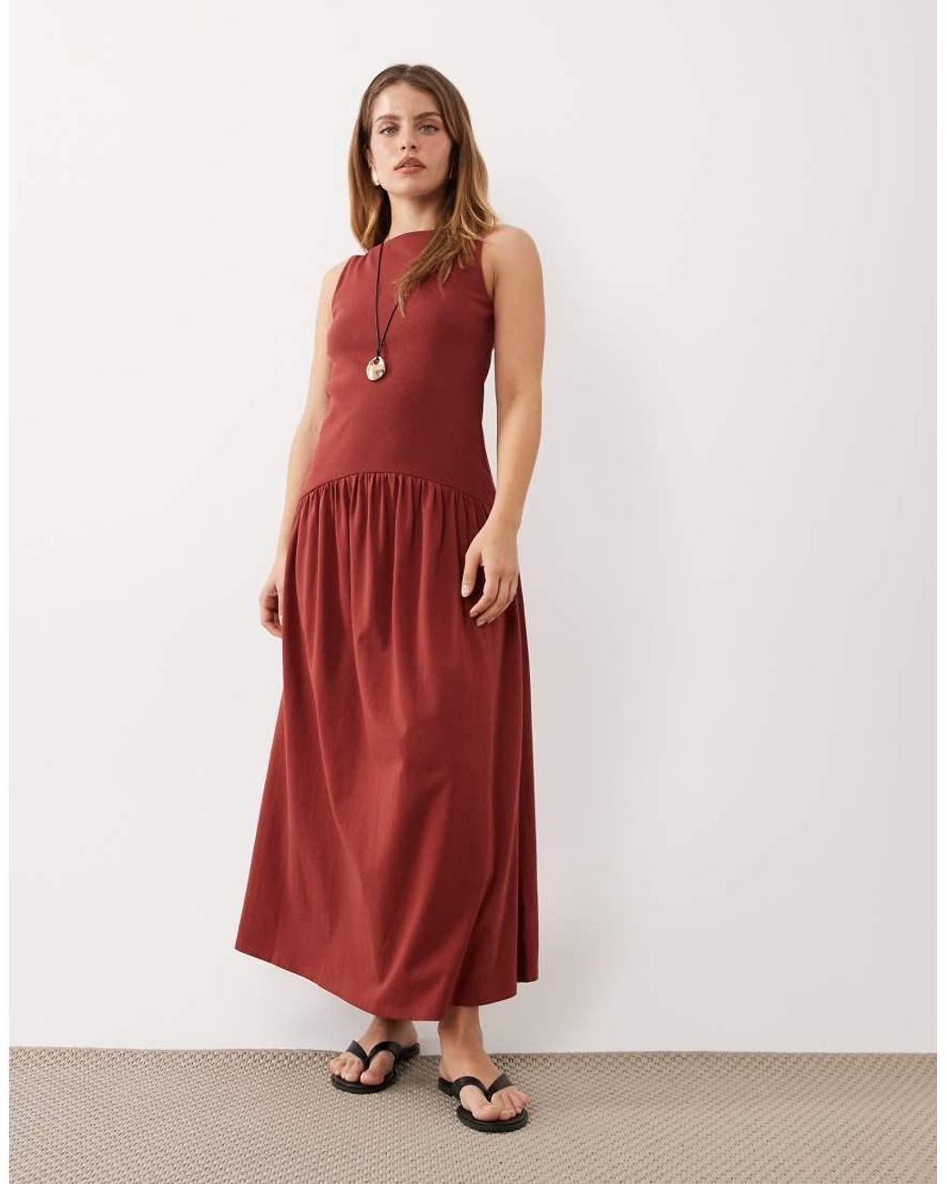ASOS Red Asos Design Petite Rib Mix Midi Dress With Drop Waist