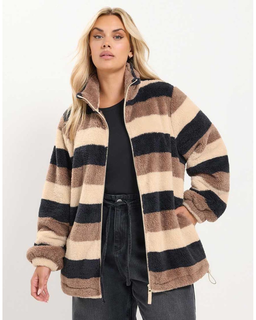 Yours Clothing Natural Stripe Zip Through Fleece
