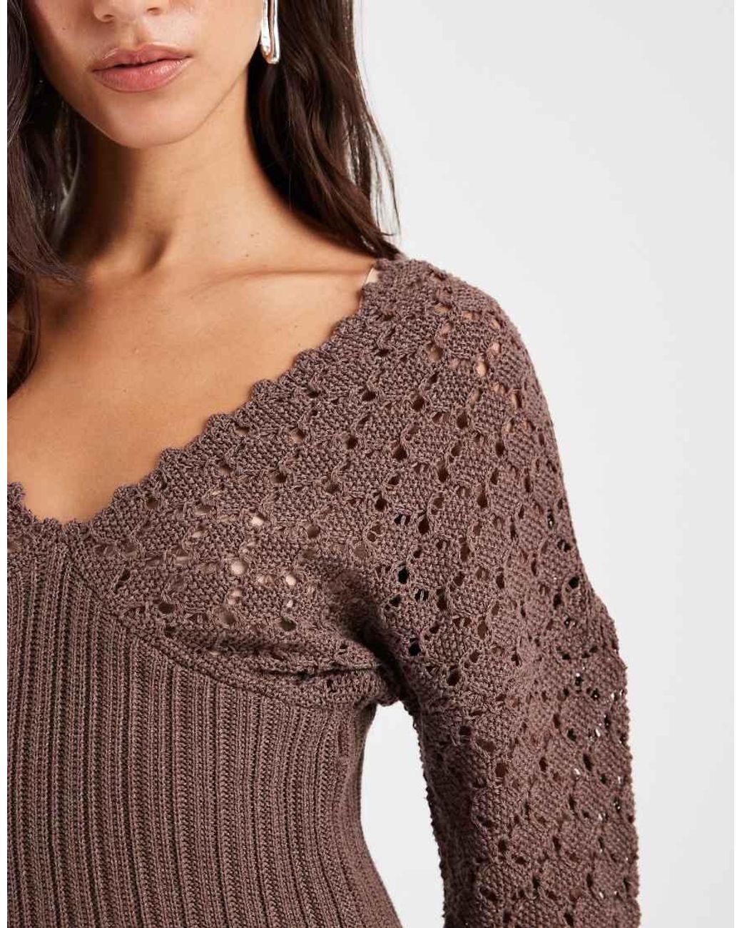 ASOS Brown Knitted Plunge Cinch Long Sleeve Top