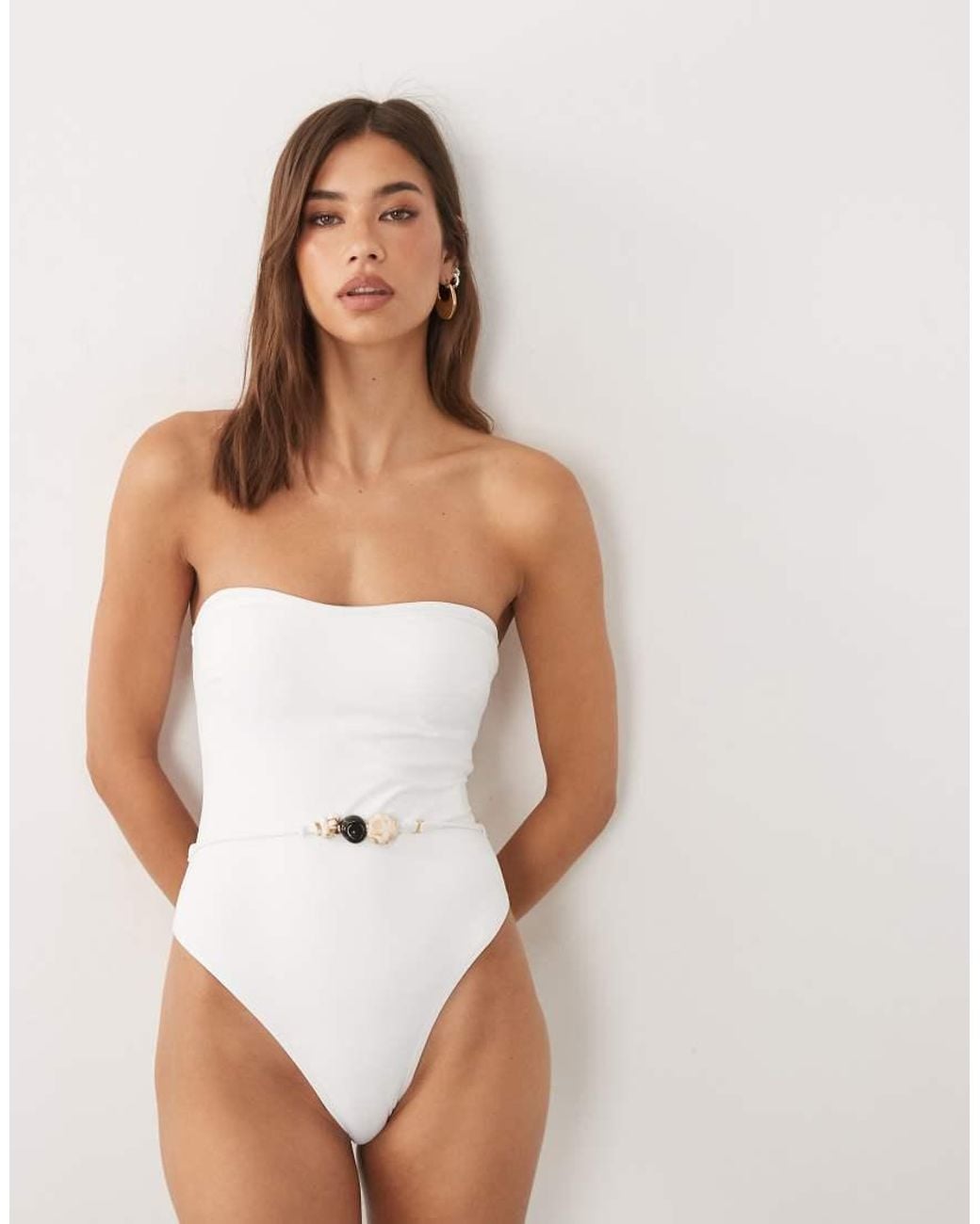 4th & Reckless Natural Bandeau Resin Belt Detail High Leg Swimsuit