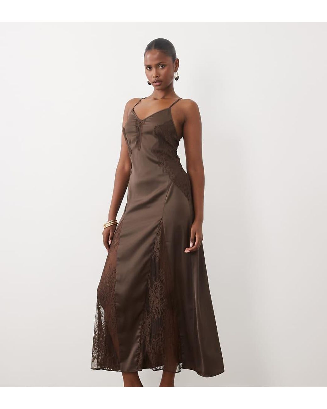 The Frolic Brown Exclusive Satin Cami Midaxi Dress With Lace Detailing
