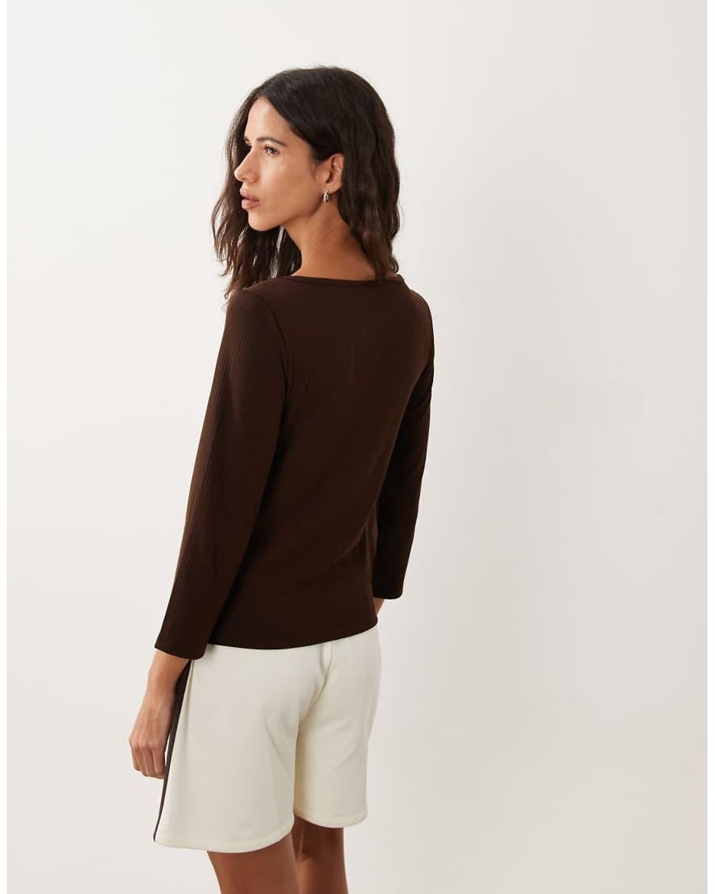ASOS Brown Lounge Mix And Match Rib 3/4 Sleeve Boatneck Top