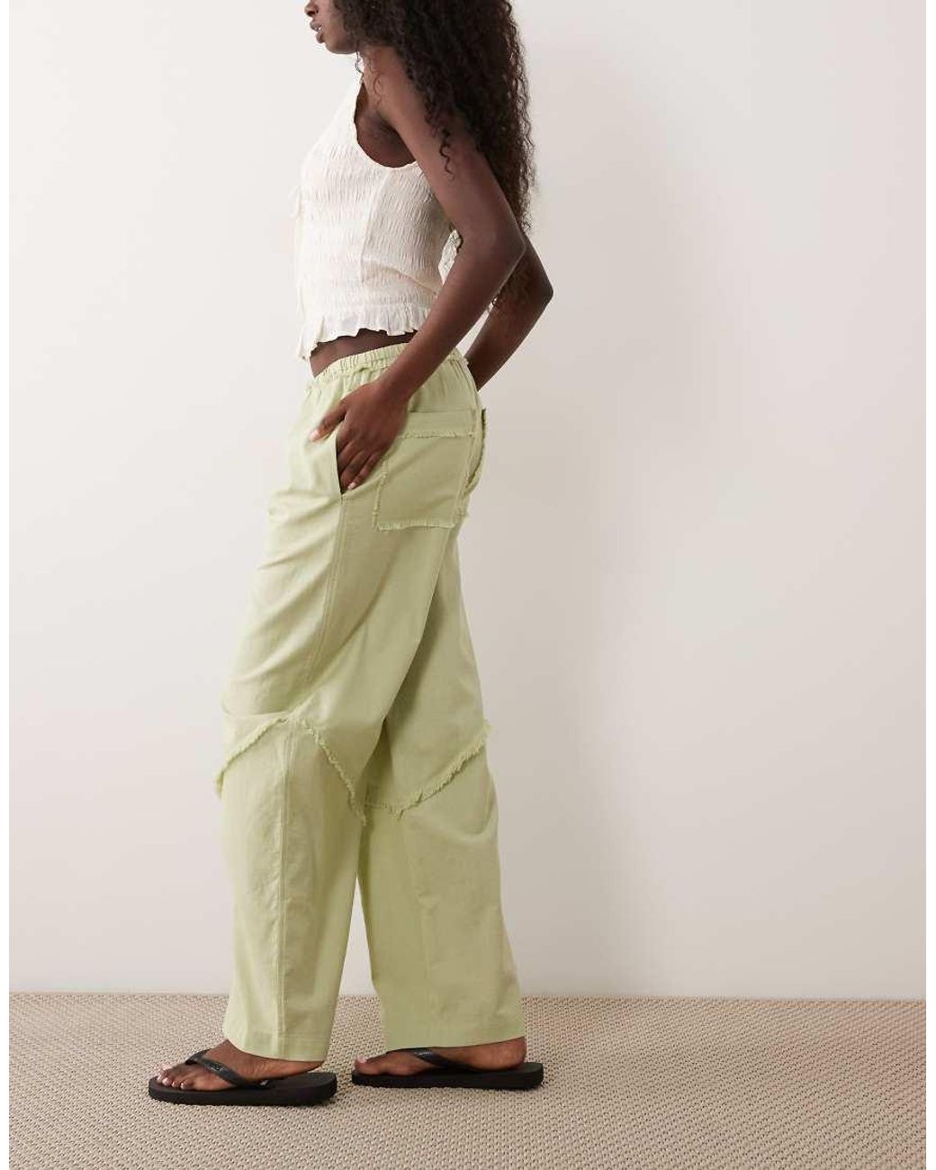 ASOS Natural Linen Blend Pull On Barrel Leg Trousers With Raw Seam Detail