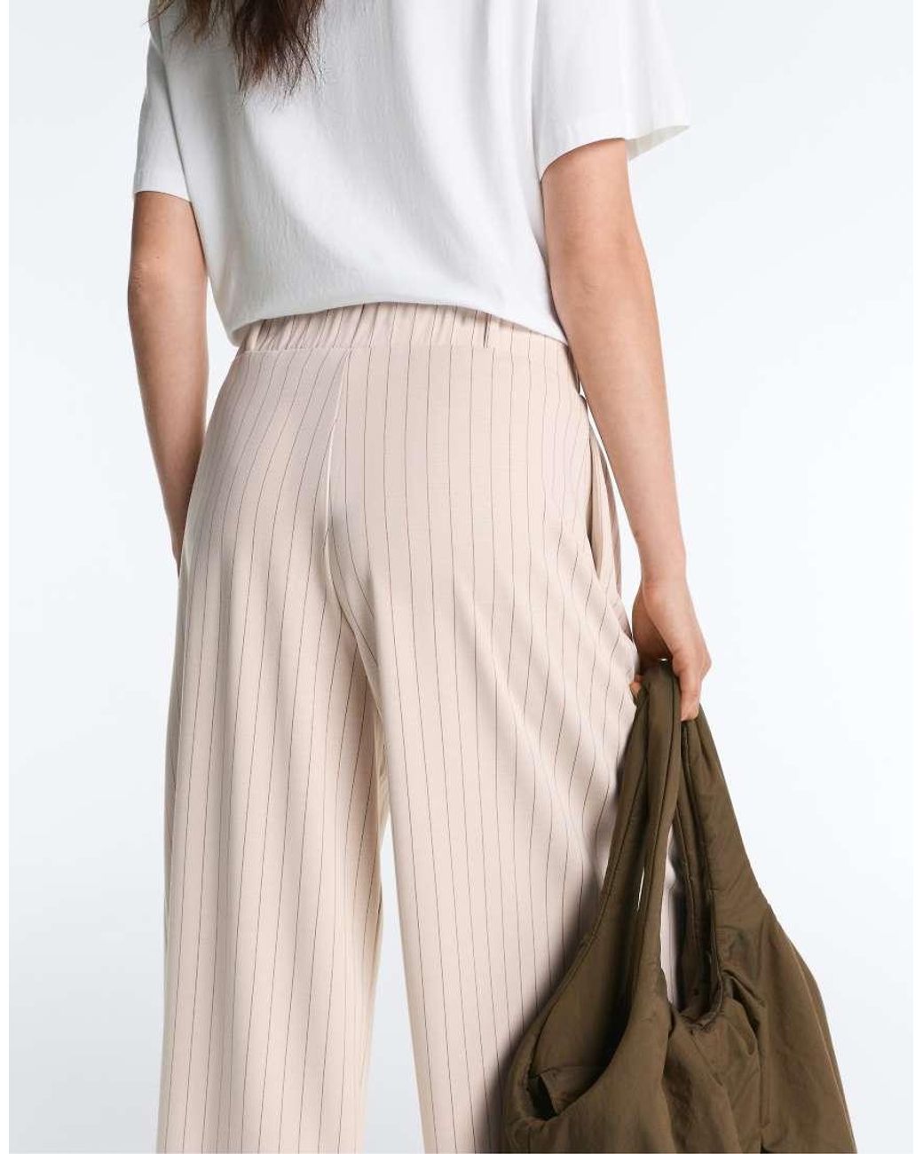 Oysho White Wide-Leg Crop Trousers With Pleats And Stripes