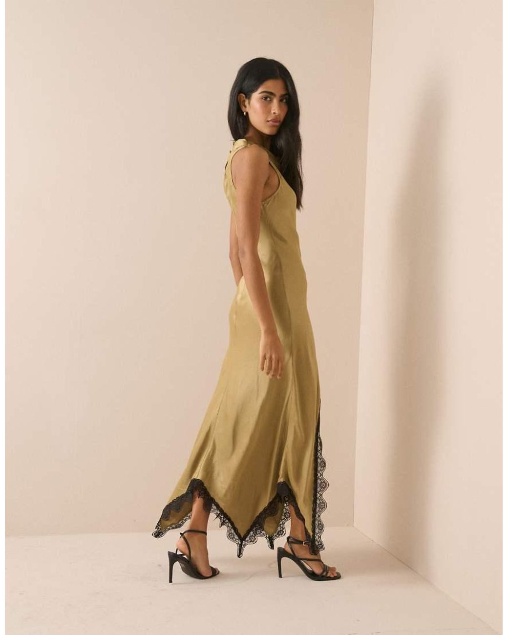 Nobody's Child Natural Marta Satin High Neck Sleeveless Lace Split Hem Maxi Dress