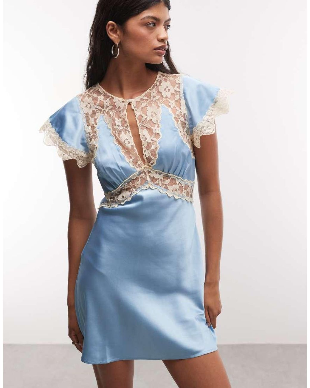 Reclaimed Vintage Blue Satin Mini Tea Dress With Contrast Lace Inserts