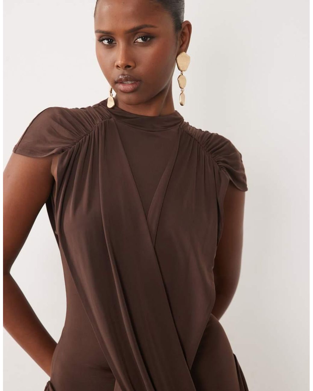 ASOS Brown High Neck Floor Length Maxi Dress With Draped Bodice