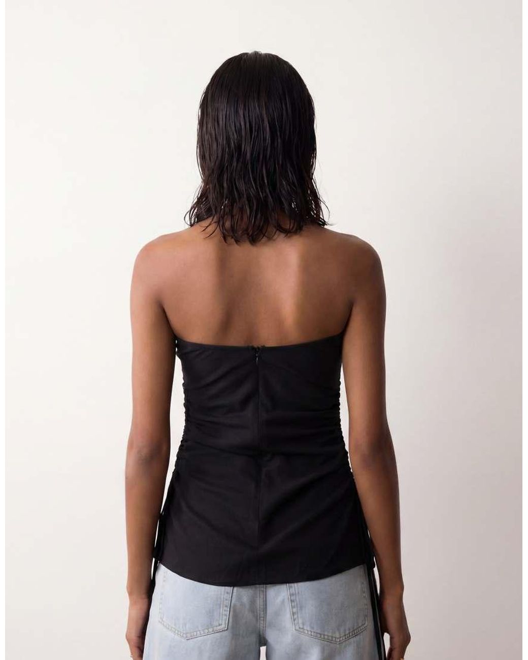 ASOS Black Ruched Side Linen Mix Bandeau Top