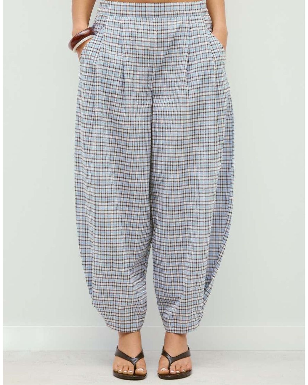 Stradivarius White Flowing Barrel Check Trousers